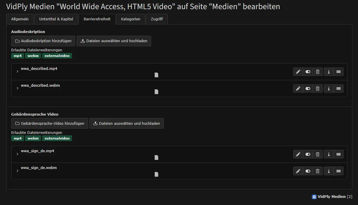 Neues VidPly Player Element Audiodeskription und Gebärdensprache anlegen